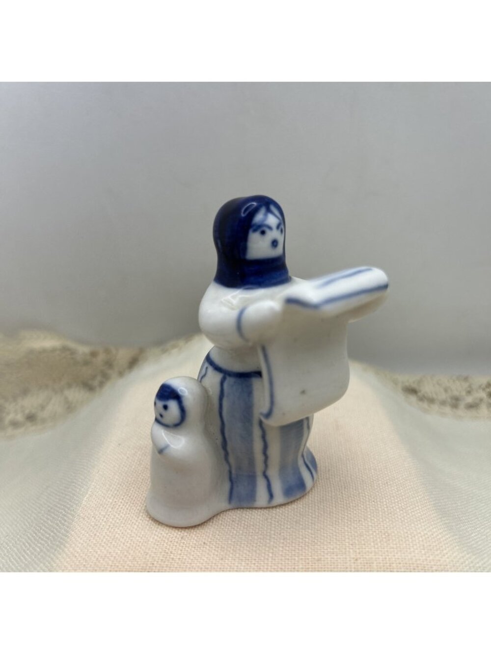 Vintage Miniature Blue and White Porcelain Delft Woman Child Figurine USSR